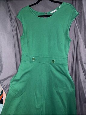 New York & Company Emerald Green Cap-Sleeve Midi Dress with Waist Buttons